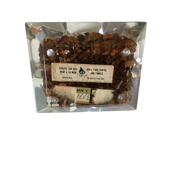 Lucite Pyramid Paperweight Hand Carved Painted Great Horned Owl MCM Mid-century - Picture 6 of 10